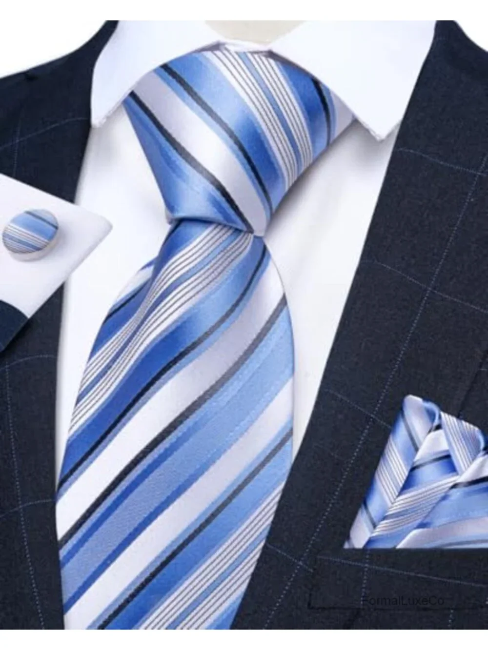 Men's Silk Tie & Pocket Square Set with Cufflinks, Plaid Striped Necktie